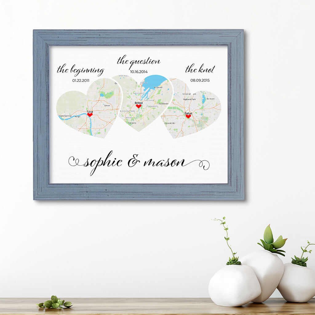 3 Heart Map Art Canvas Print in Carnival Gray Frame