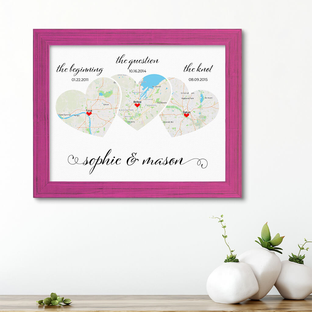 Custom Heart Shaped Map Print in Carnival Pink Frame