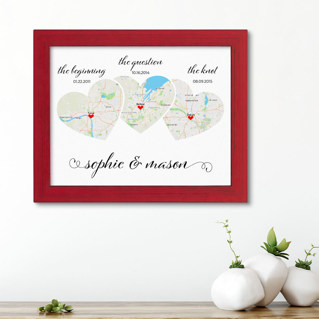 Canvas Heart Shaped Map Art Print in Carnival Red Wooden Frame