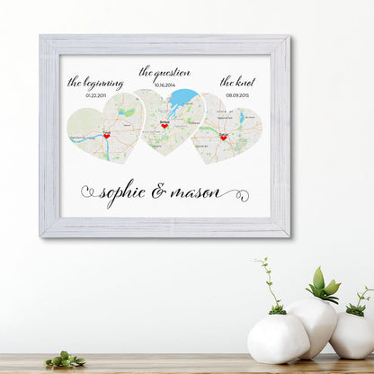 3 Heart Map Art in Carnival White Frame