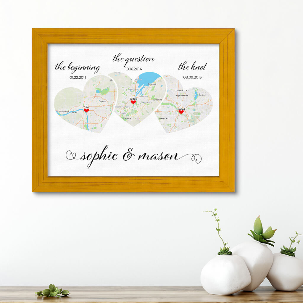 3 Heart Map Art in Carnival Yellow Frame