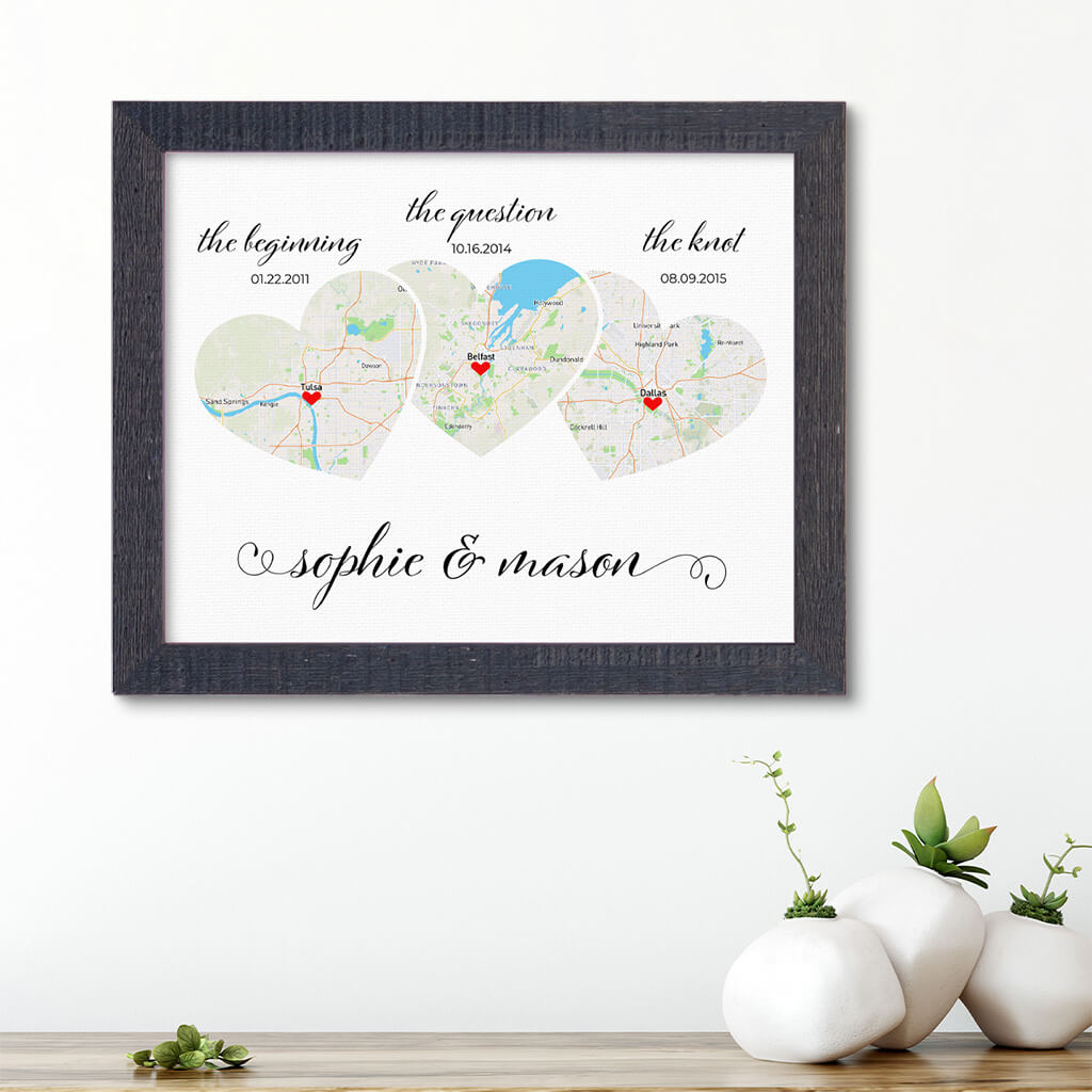 Heart Shaped Map on Canvas in Madison Black Solid Wood Frame