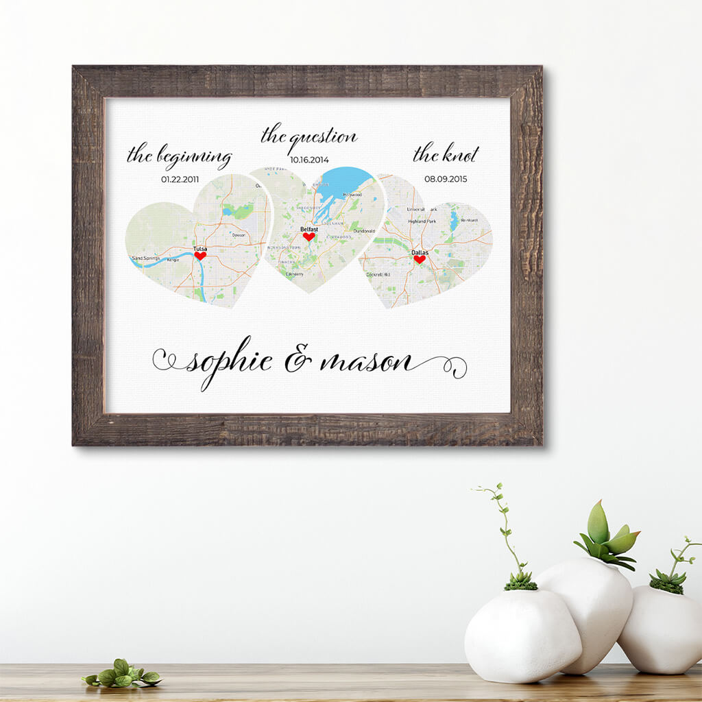 3 Heart Map Art on Canvas in Solid Wood Madison Natural Frame