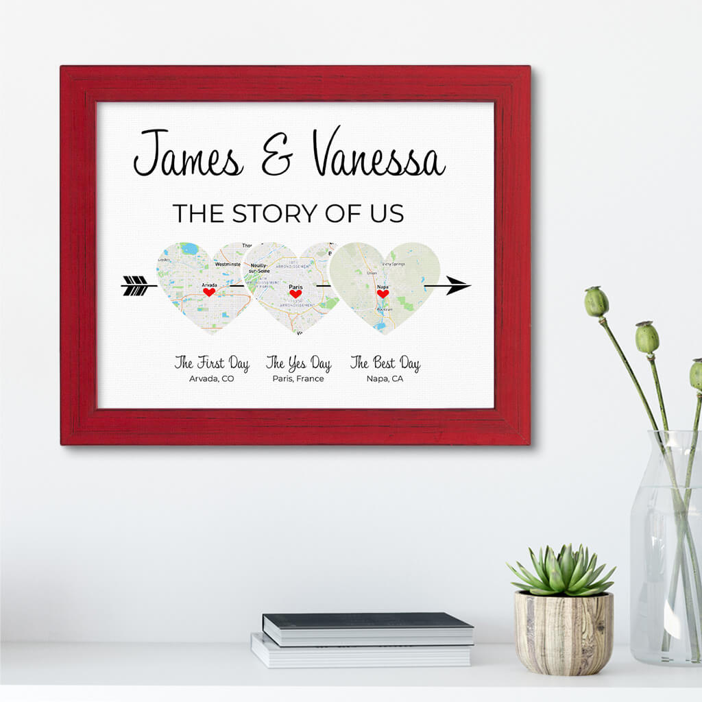 The Story of Us Couples Wall Art in Carnival Red Real Wood Frame