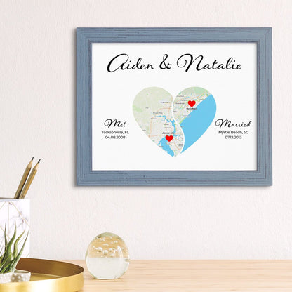 Yin-Yang 2 Heart Halves Map Art in Carnival Gray Frame