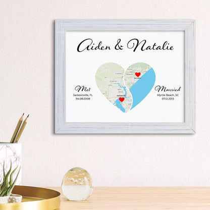 Yin-Yang 2 Heart Halves Map Art in Carnival White Frame