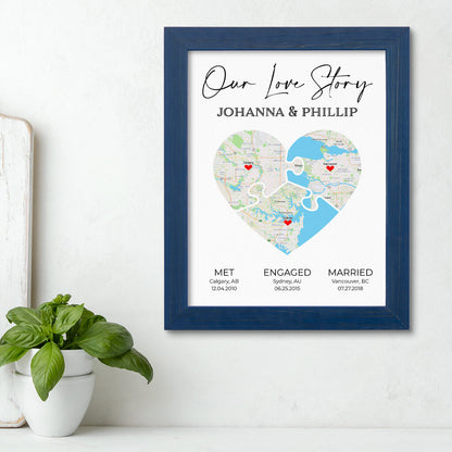 3 Puzzle Piece Heart Map Art in Carnival Blue Frame