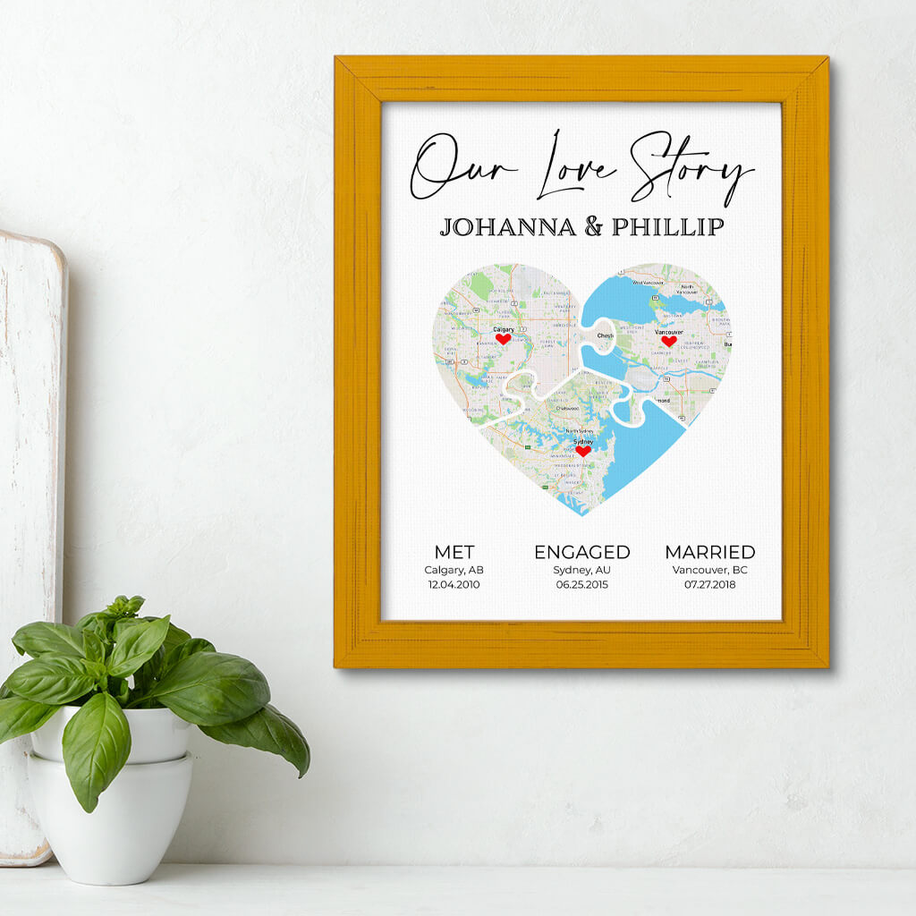 Custom 3 Piece Puzzle Heart Shaped Map Art in Carnival Yellow Frame