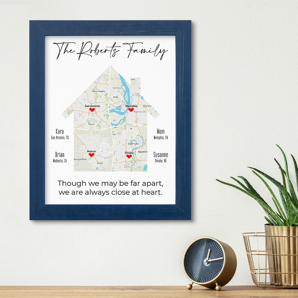 Family House Map Canvas Art Print - Carnival Blue Solid Wood Frame