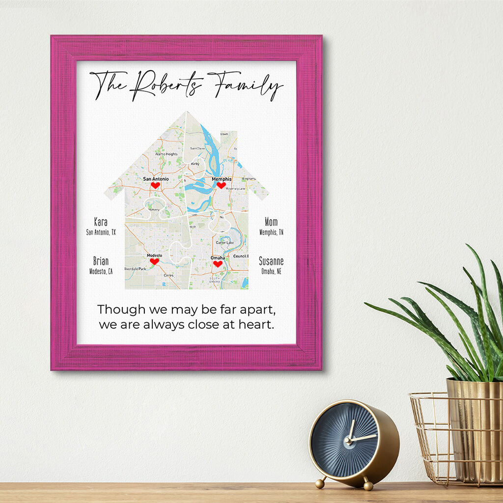 Family Homes Map Canvas Art Print - Carnival Pink Real Wood Frame