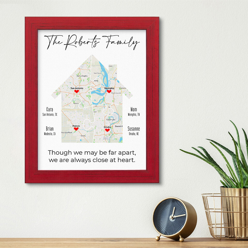 Family House Map Canvas Art Print - Carnival Red Solid Wood Frame