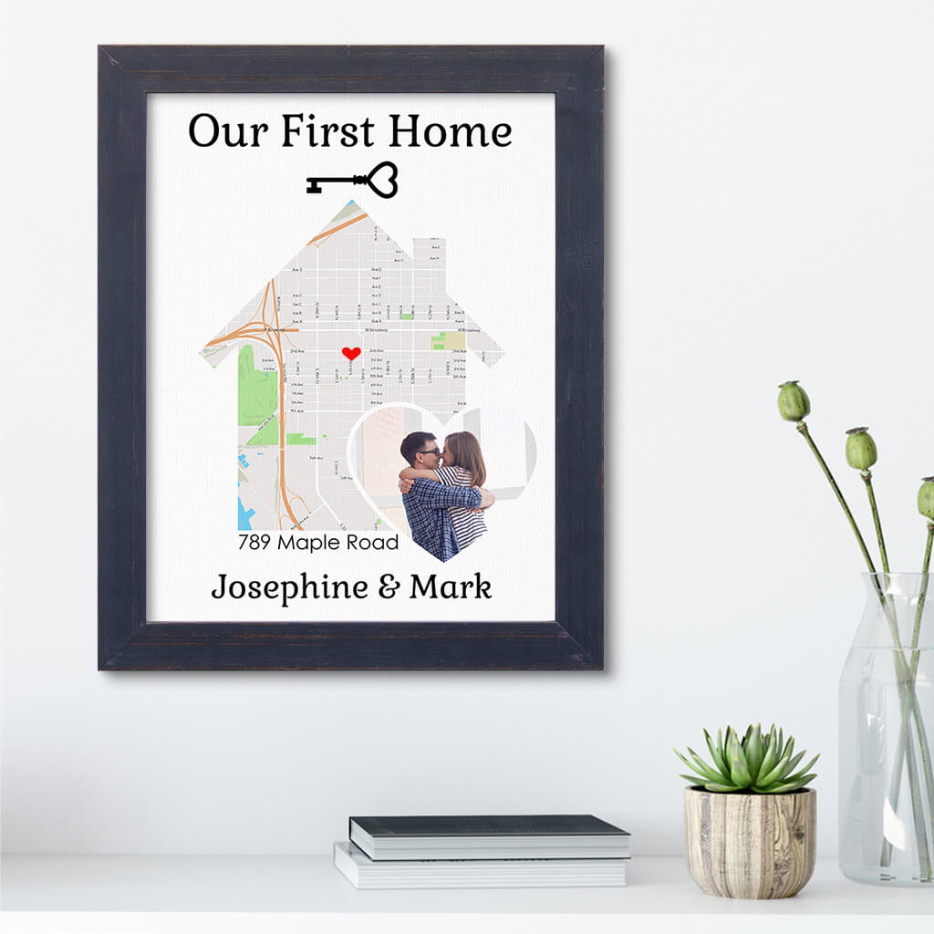 Our First Home With Photo Customizable Canvas Map Art in Carnival Espresso Wood Frame