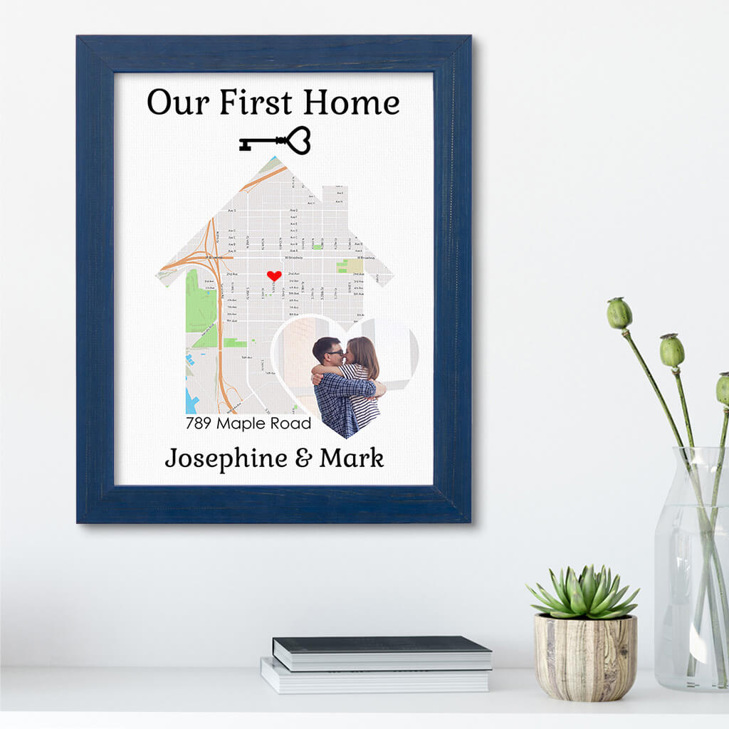 Our First Home With Photo Customizable Canvas Map Art in Carnival Blue Wood Frame