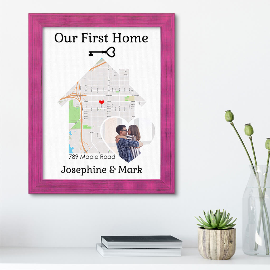 Our First Home With Photo Customizable Canvas Map Art in Carnival Pink Wood Frame