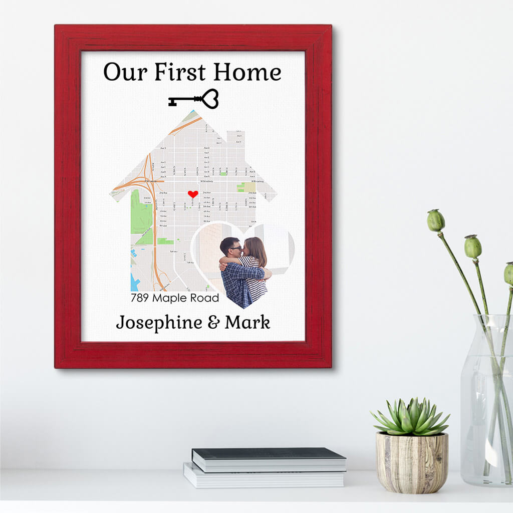 Our First Home With Photo Customizable Canvas Map Art in Carnival Red Wood Frame