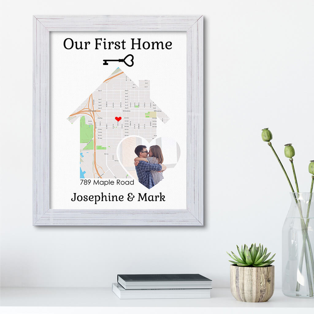 Our First Home With Photo Customizable Canvas Map Art in Carnival White Wood Frame