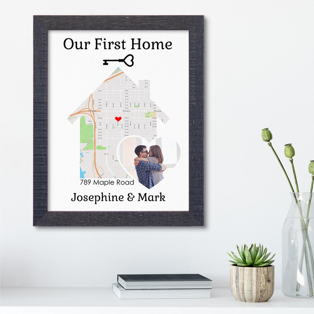 Our First Home With Photo Canvas Art Print in Madison Black Wood Frame