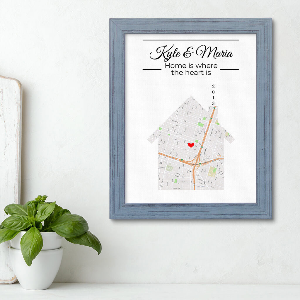 House Shaped Canvas Map Print in Carnival Gray Frame