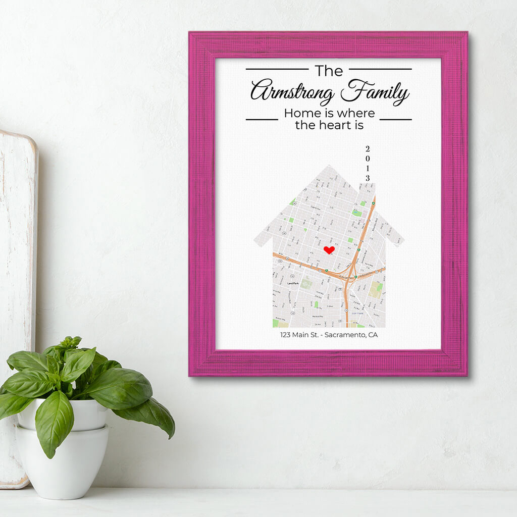 Home is Where the Heart Is Canvas House Shaped Map in Carnival Pink Solid Wood Frame