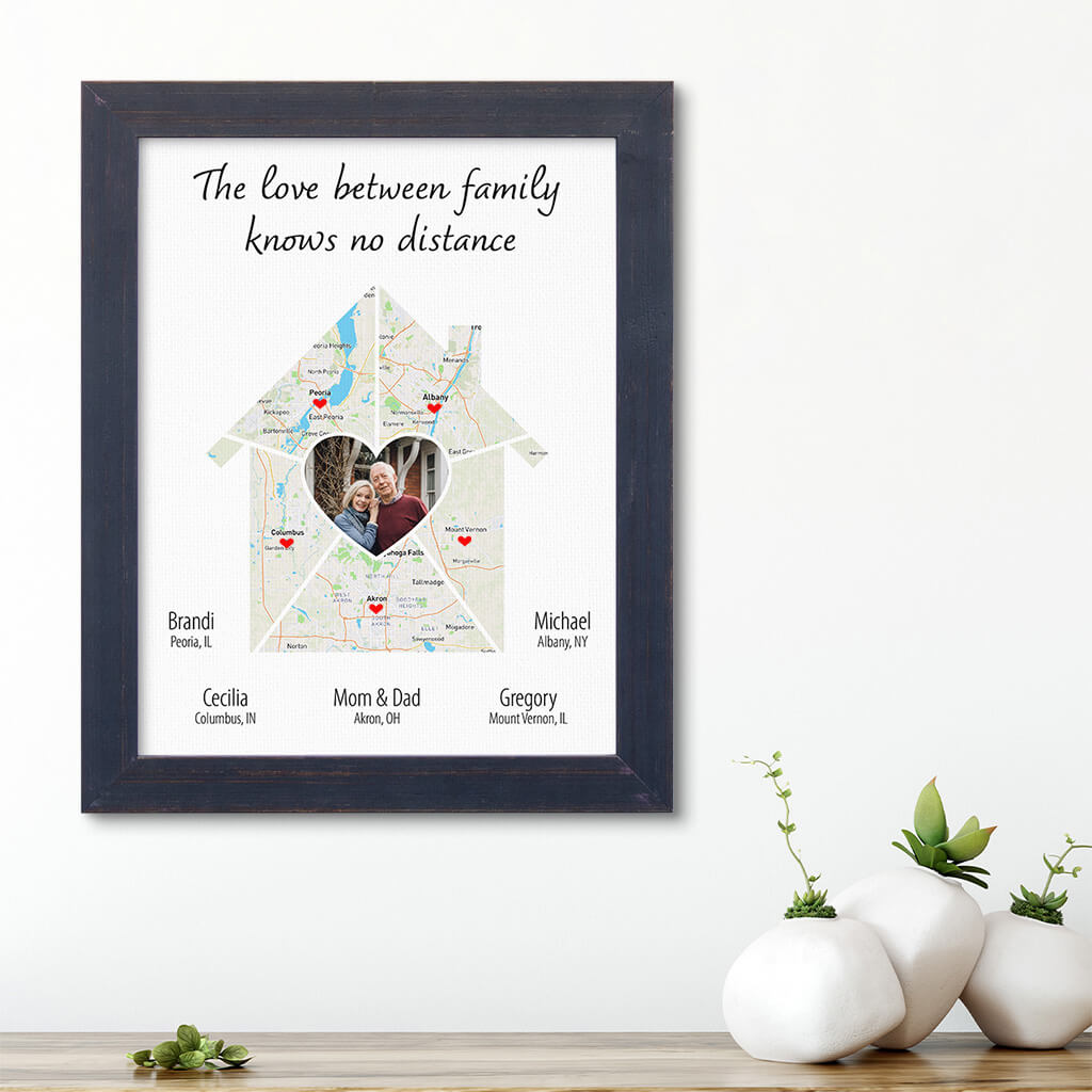 Family Photo House Shaped Map Art in Solid Wood Carnival Espresso Frame