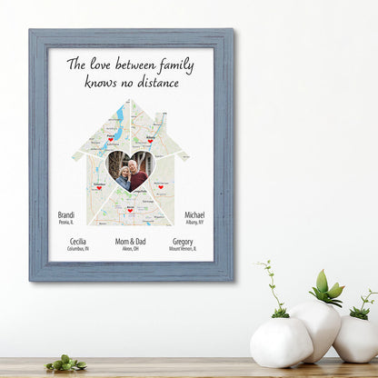 Family Photo House Shaped Map Art in Solid Wood Carnival Gray Frame