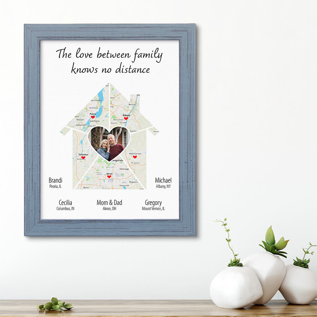 Family Photo House Shaped Map Art in Solid Wood Carnival Gray Frame