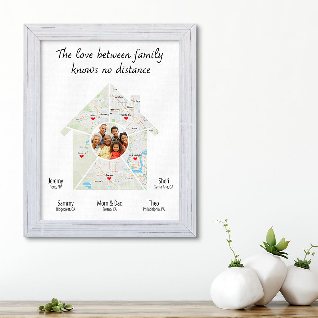 Family Photo House Shaped Map Art in Solid Wood Carnival White Frame