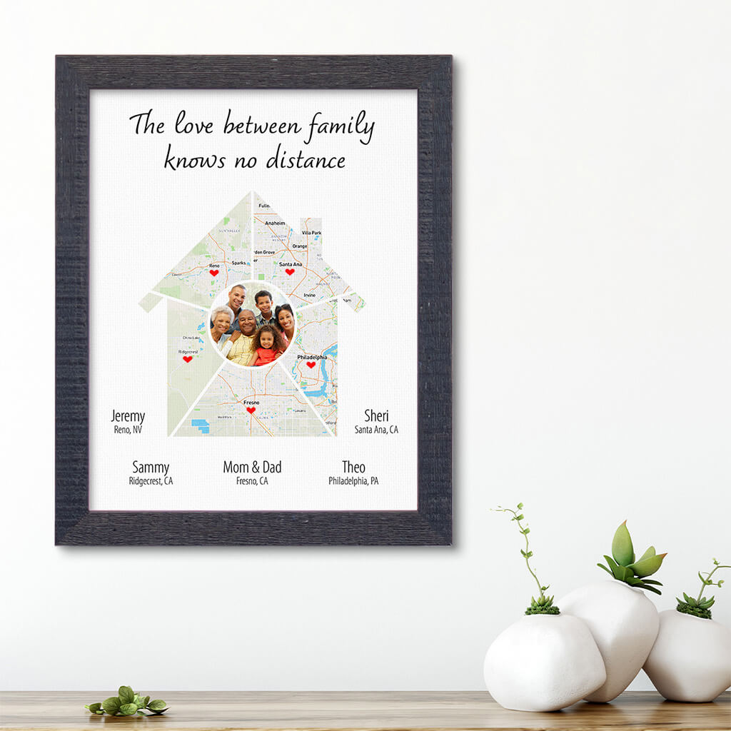 Family Photo House Shaped Map Art in Solid Wood Carnival Madison Black Frame