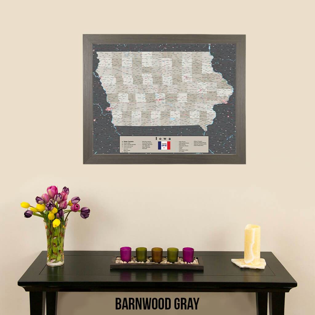 Earth Toned Iowa Push Pin Travel Map with Pins Barnwood Gray Frame