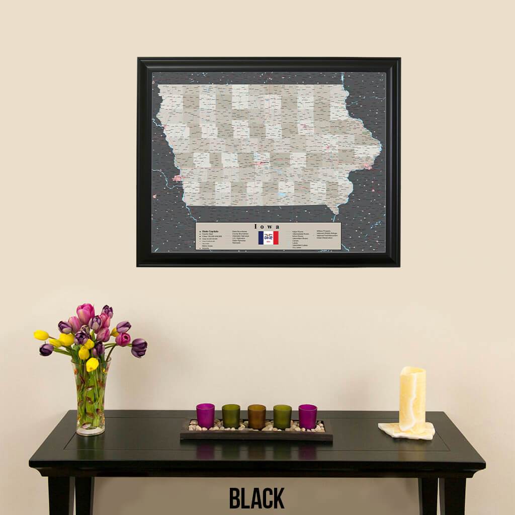 Earth Toned Iowa Push Pin Travel Map with Pins Black Frame