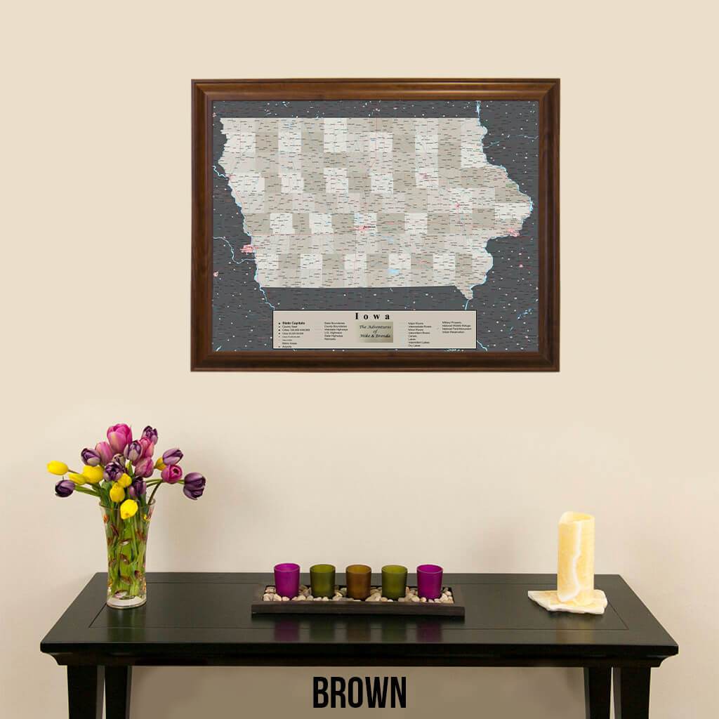 Earth Toned Iowa Push Pin Travel Map with Pins Brown Frame
