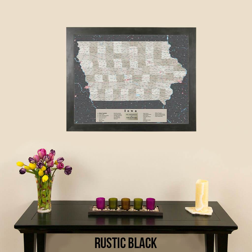 Earth Toned Iowa Push Pin Travel Map with Pins Rustic Black Frame