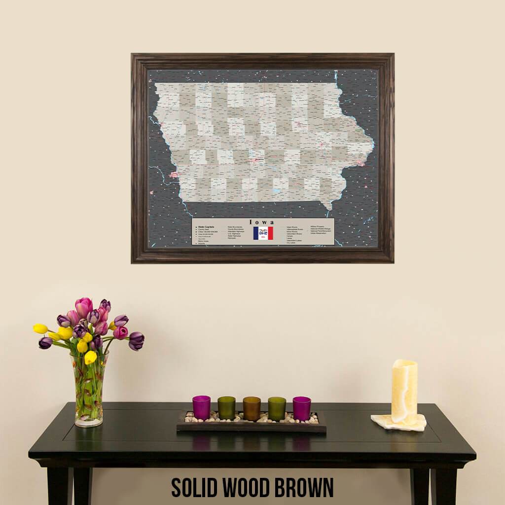 Earth Toned Iowa Push Pin Travel Map with Pins Solid Wood Brown Frame
