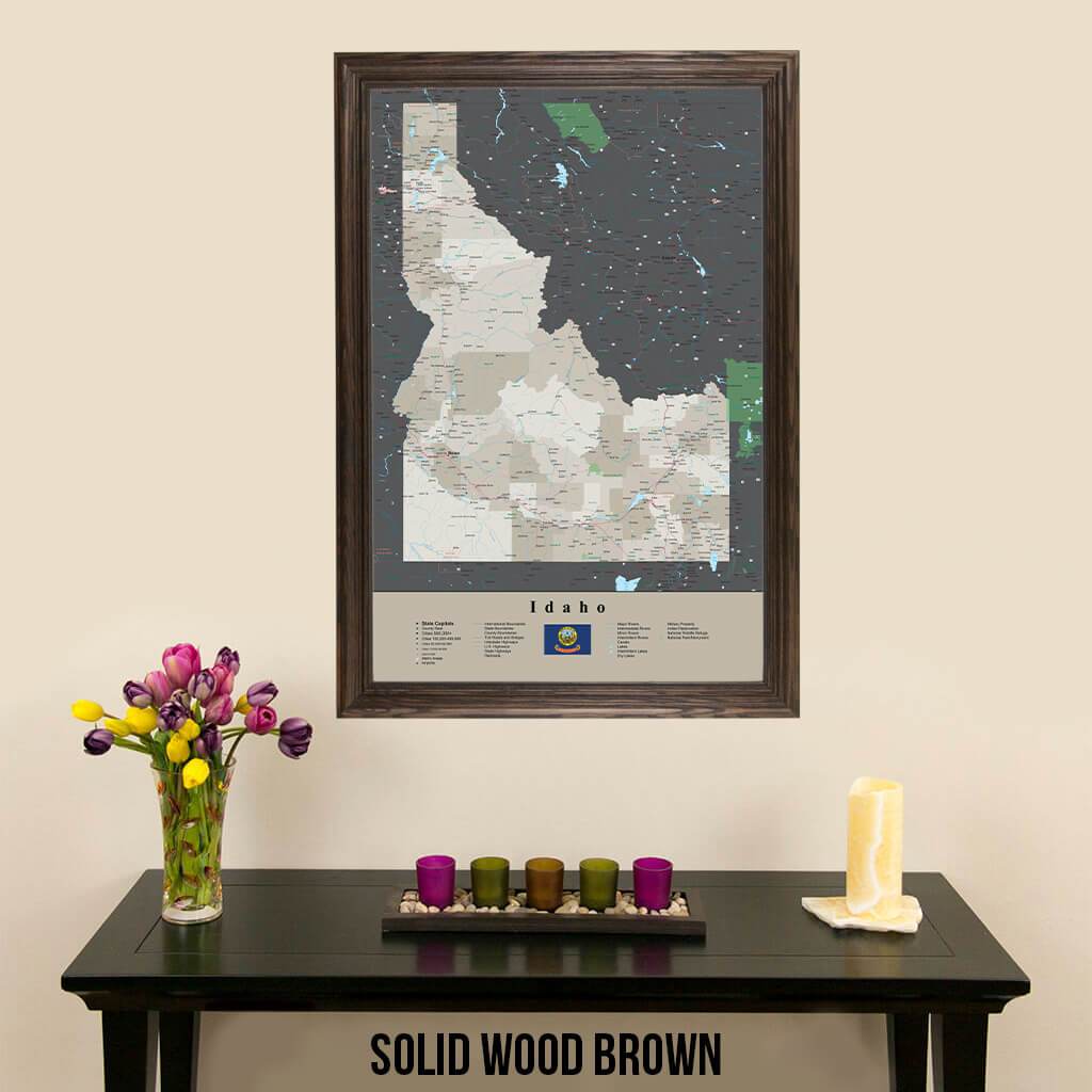 Earth Toned Idaho State Push Pin Travel Map Solid Wood Brown Frame