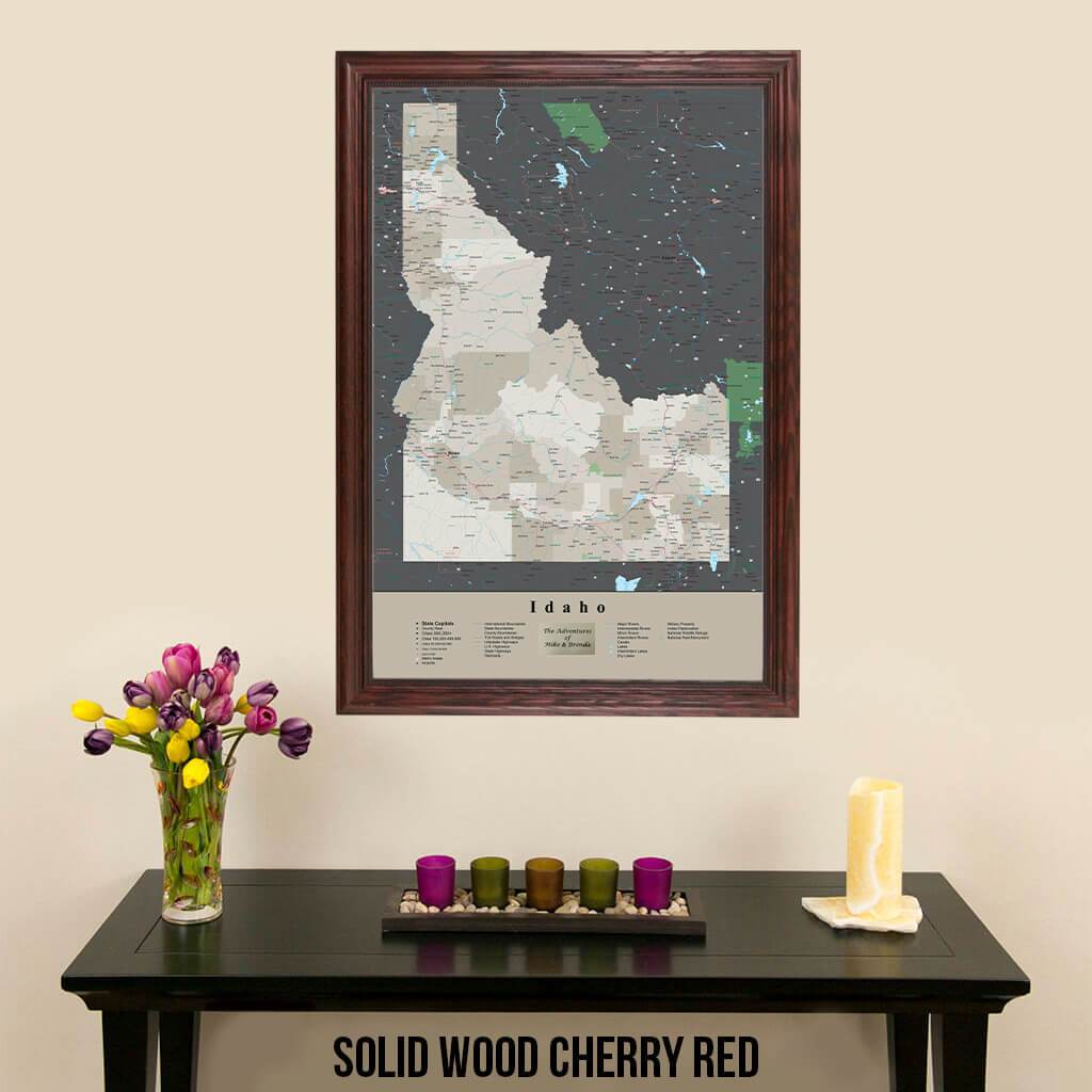 Earth Toned Idaho State Push Pin Travel Map Solid Wood Cherry Frame
