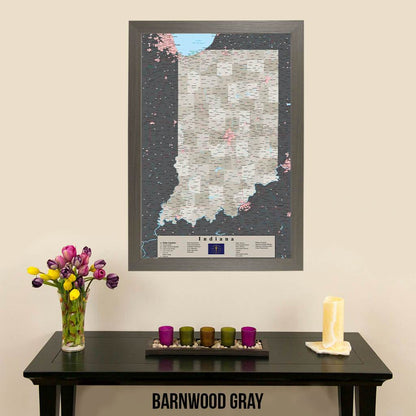 Earth Toned Indiana State Map with Pins Barnwood Gray Frame