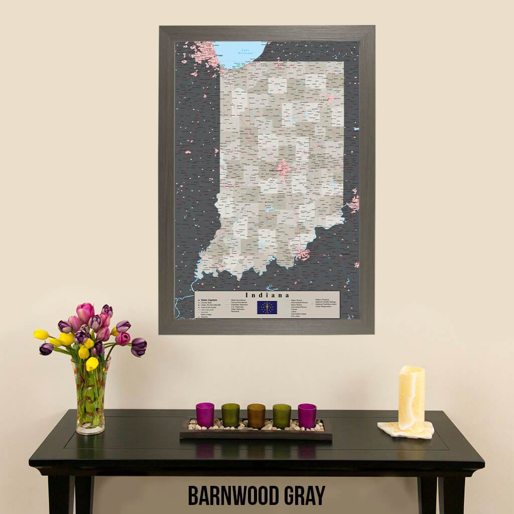 Earth Toned Indiana State Map with Pins Barnwood Gray Frame