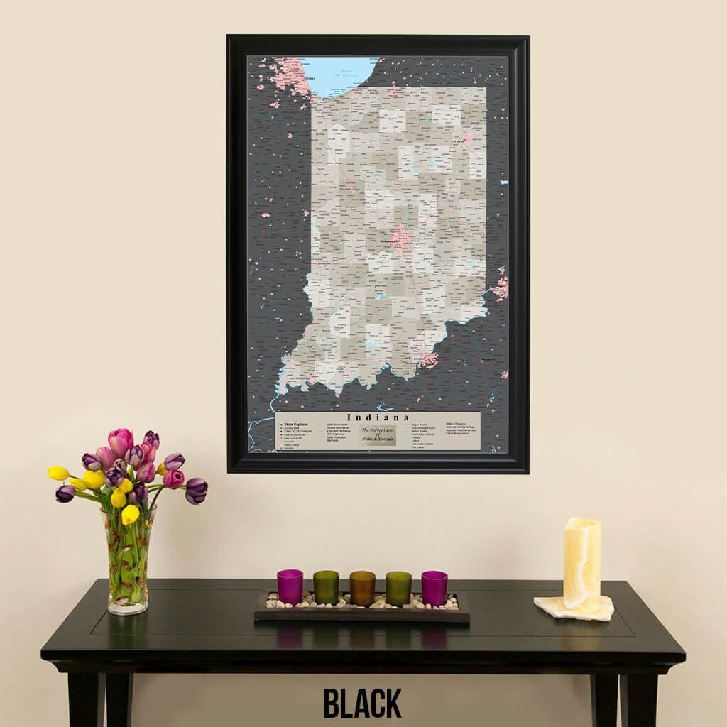 Earth Toned Indiana State Map with Pins Black Frame
