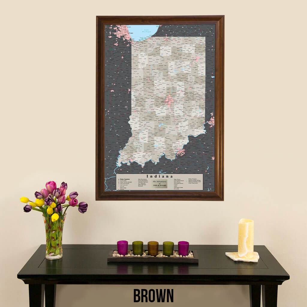 Earth Toned Indiana State Map with Pins Brown Frame