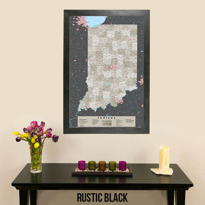 Earth Toned Indiana State Map with Pins Rustic Black Frame