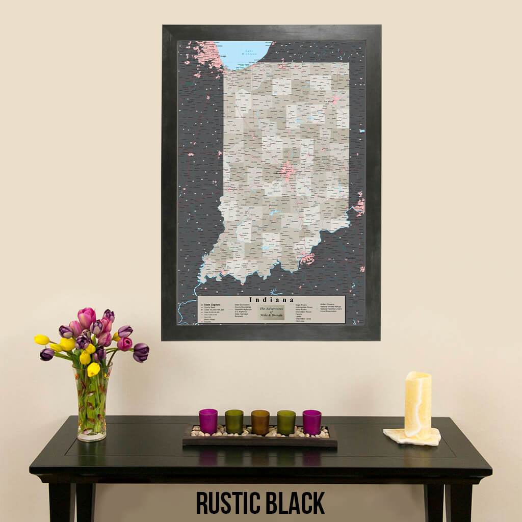 Earth Toned Indiana State Map with Pins Rustic Black Frame