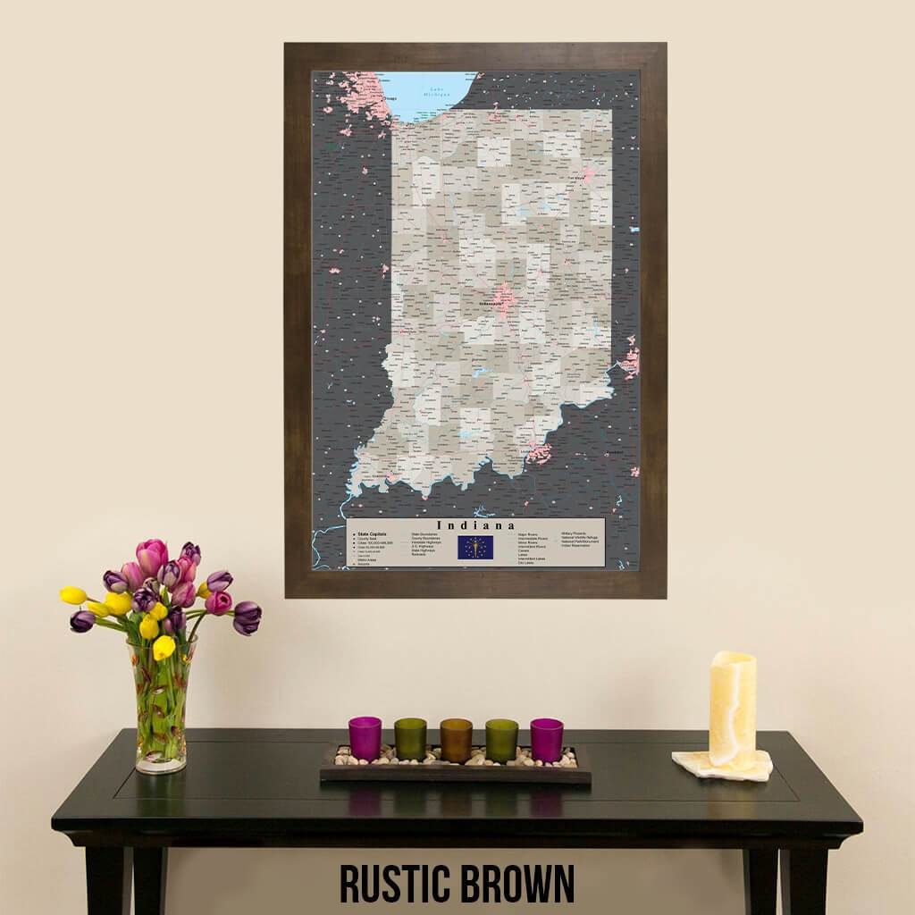 Earth Toned Indiana State Map with Pins Rustic Brown Frame