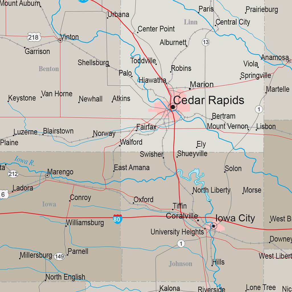 Earth Toned Iowa Push Pin Travel Map with Pins closeup