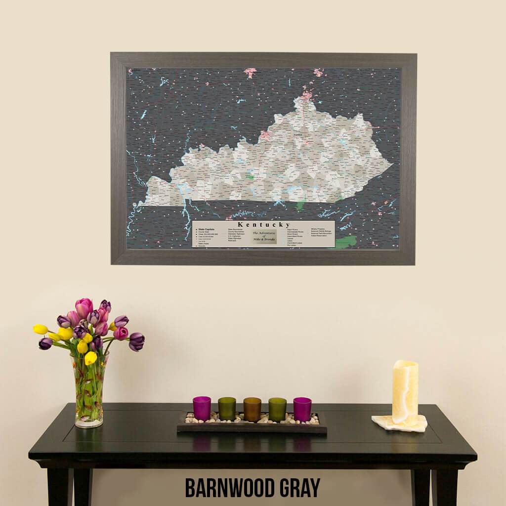 Earth Toned Kentucky Push Pin Travel Map with Pins Barnwood Gray Frame