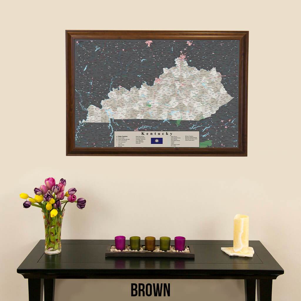 Earth Toned Kentucky Push Pin Travel Map with Pins Brown Frame