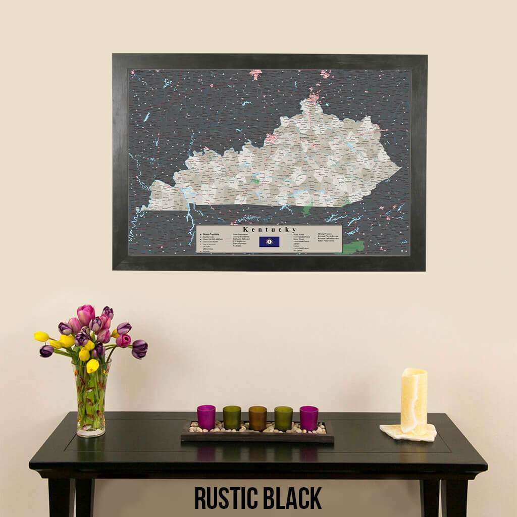 Earth Toned Kentucky Push Pin Travel Map with Pins Rustic Black Frame