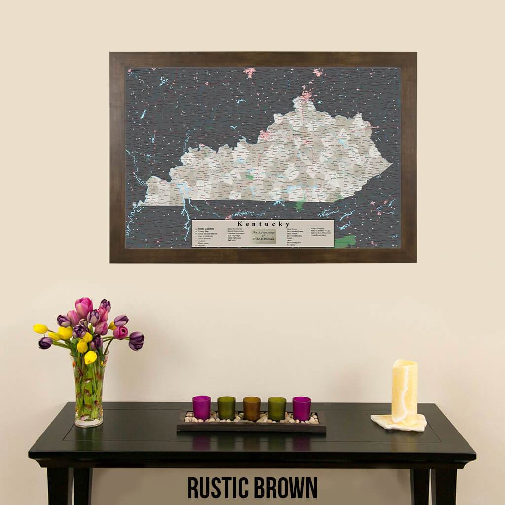Earth Toned Kentucky Push Pin Travel Map with Pins Rustic Brown Frame