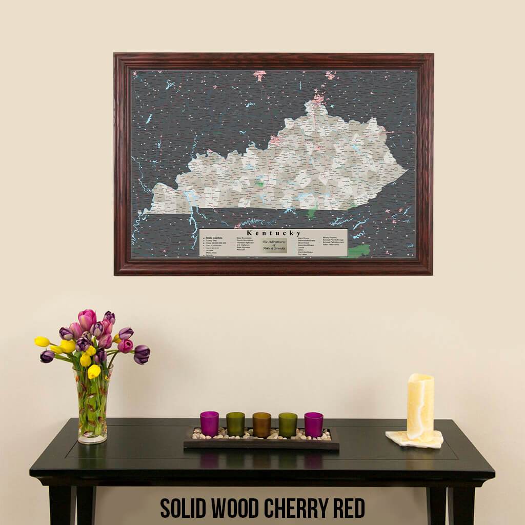 Earth Toned Kentucky Push Pin Travel Map with Pins Solid Wood Cherry Frame