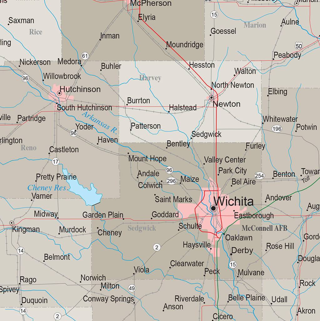 Earth Toned Kansas State Travel Map closeup