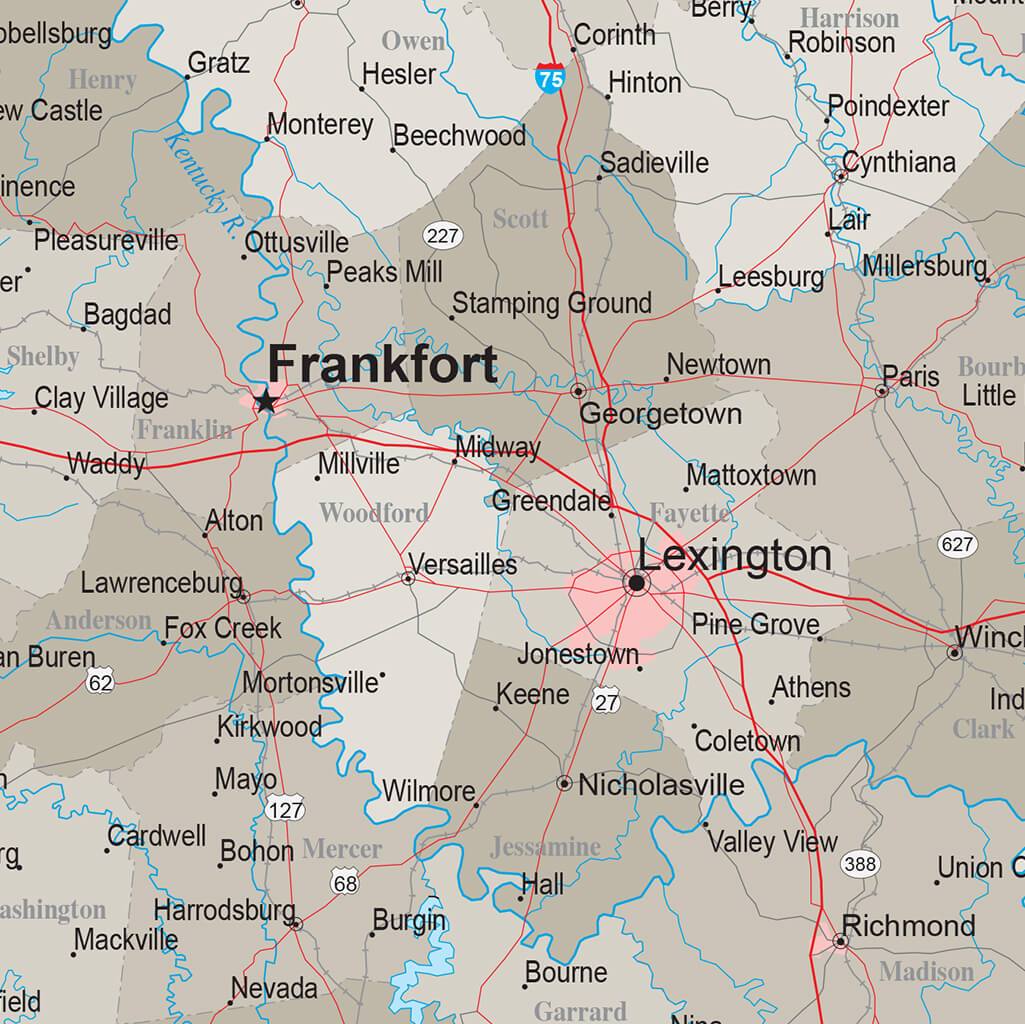Earth Toned Kentucky Push Pin Travel Map with Pins closeup